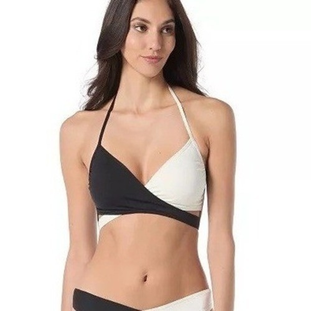 Vince Camuto Bikini Top Small Womens Black Cream Colorblock Wrap Halter $94 NEW